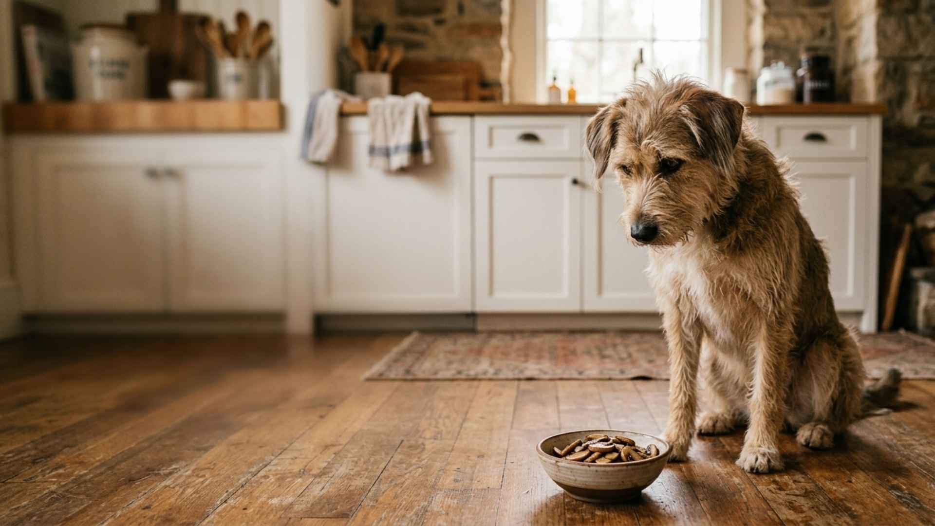 perro mirando plato con champiñones